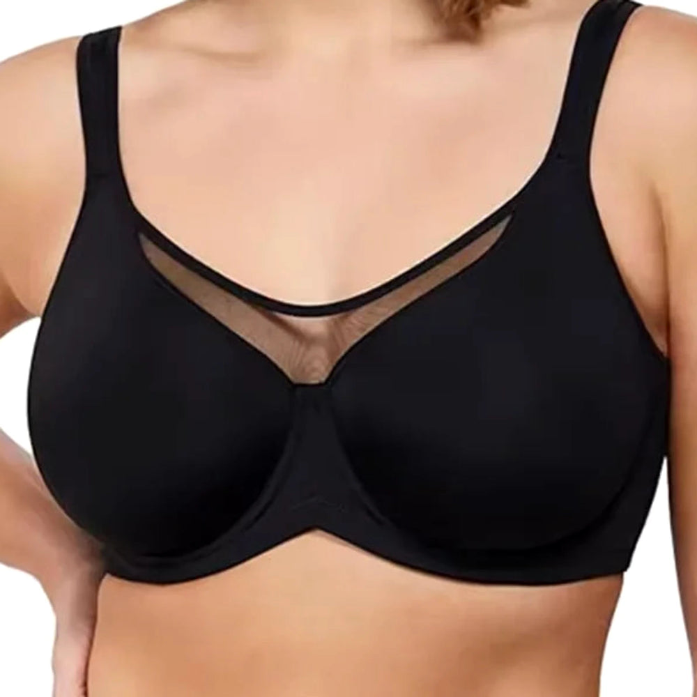 Nærbilde av Lovelle Skin Support i svart: høyt nettingpanel midt foran, glatte cuper og brede stropper