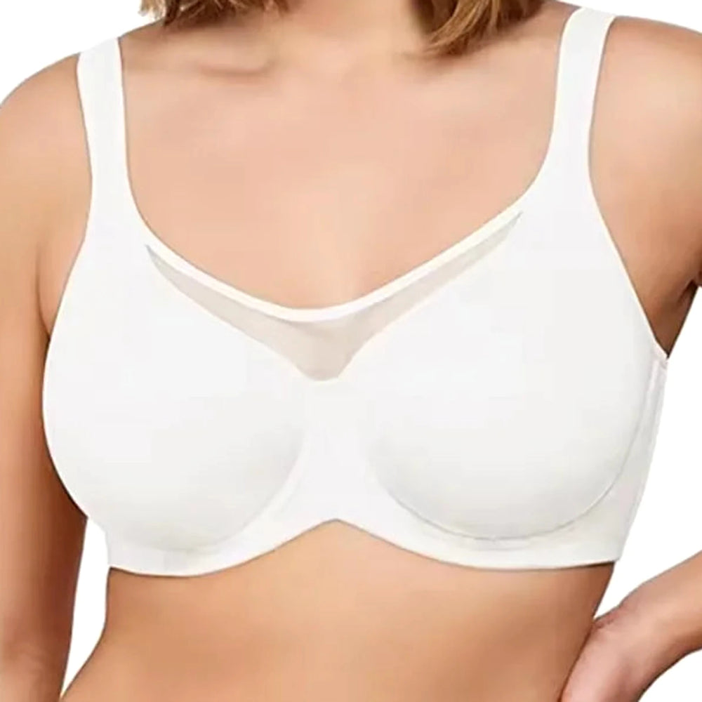 Nærbilde av Lovelle Skin Support i hvit: glatte cuper uten fôr og synlige sømmer, nettingpanel midt foran