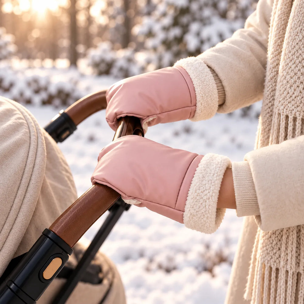 Lovelle Cosy barnvagnshandskar i rosa med teddykant på ett barnvagnshandtag i snön