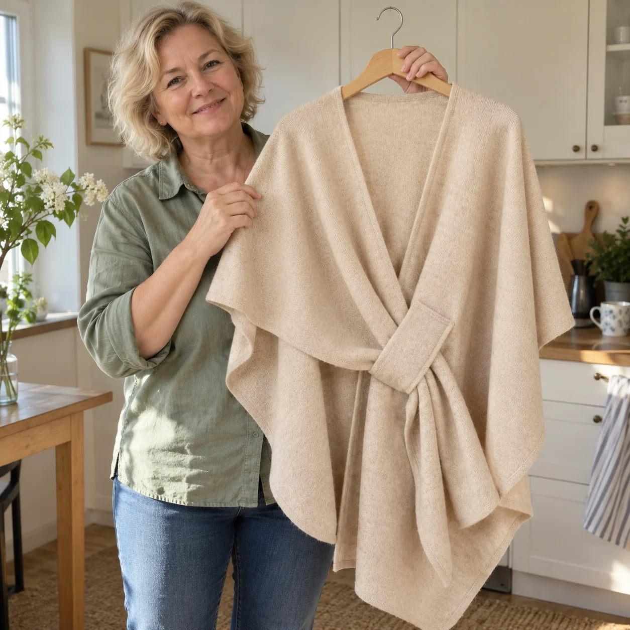 Beige Lovelle Poncho på kleshenger – den myke twillen, de sydde kantene og løkken foran