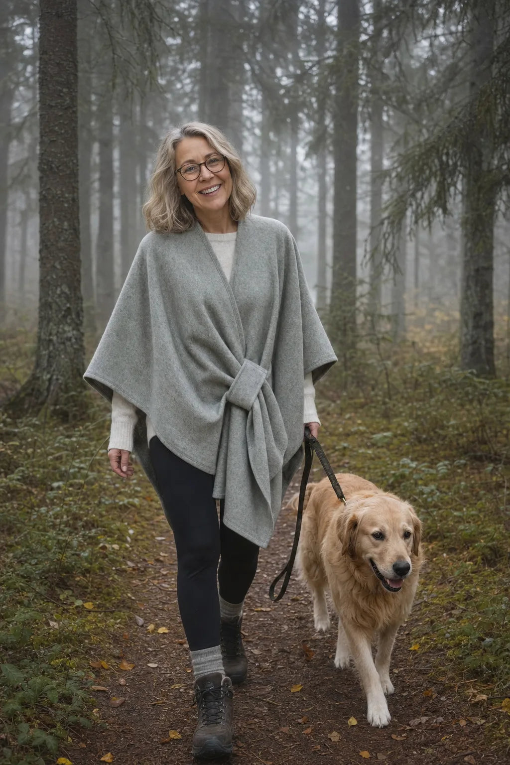Over en tykk strikkegenser, med støvler og hunden – løkken holder den på plass