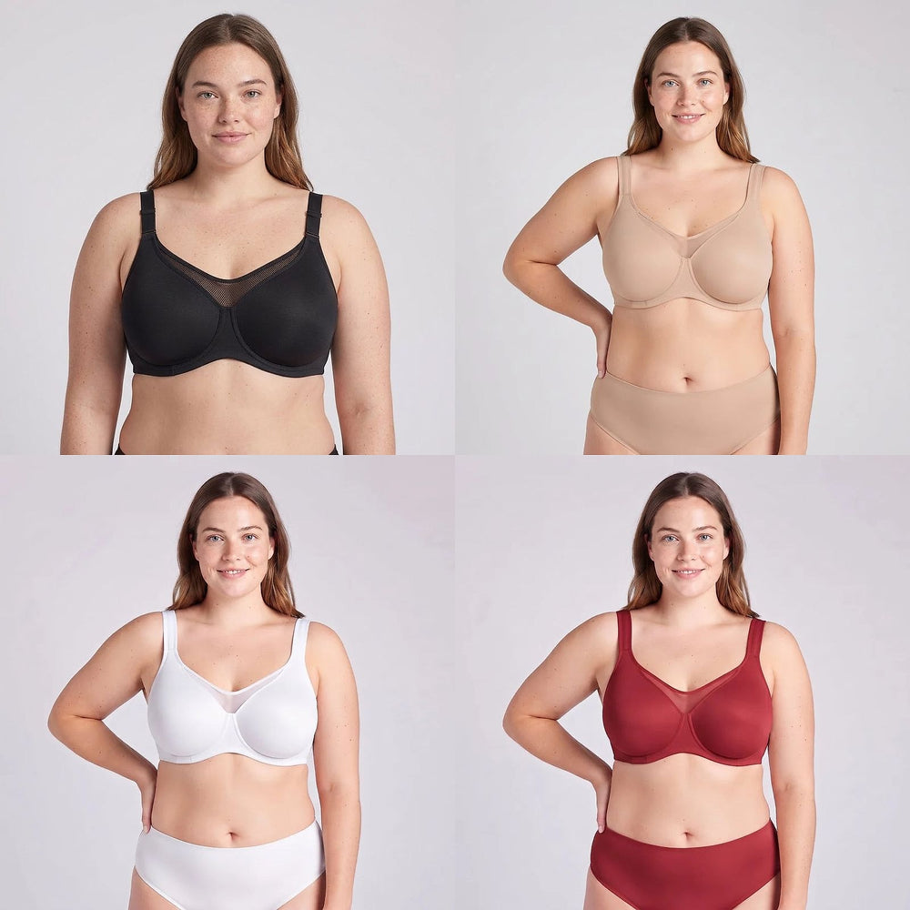 Lovelle Grace minimizer-BH i fire farger: beige, svart, hvit og vinrød