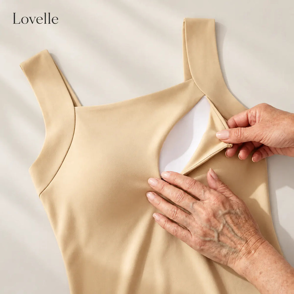 Lovelle Ease singlet med innebygd BH i nude liggende, lommen med den avtakbare polstringen åpnet