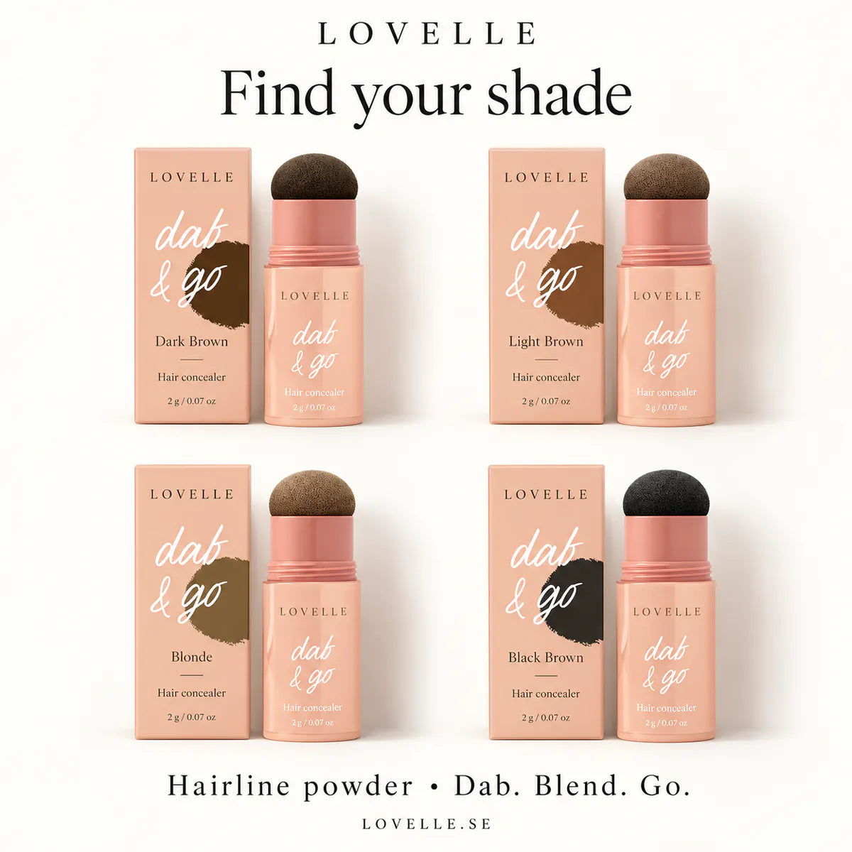 Alle fire nyansene av Lovelle Dab &amp; Go: Dark Brown, Light Brown, Blonde og Black Brown