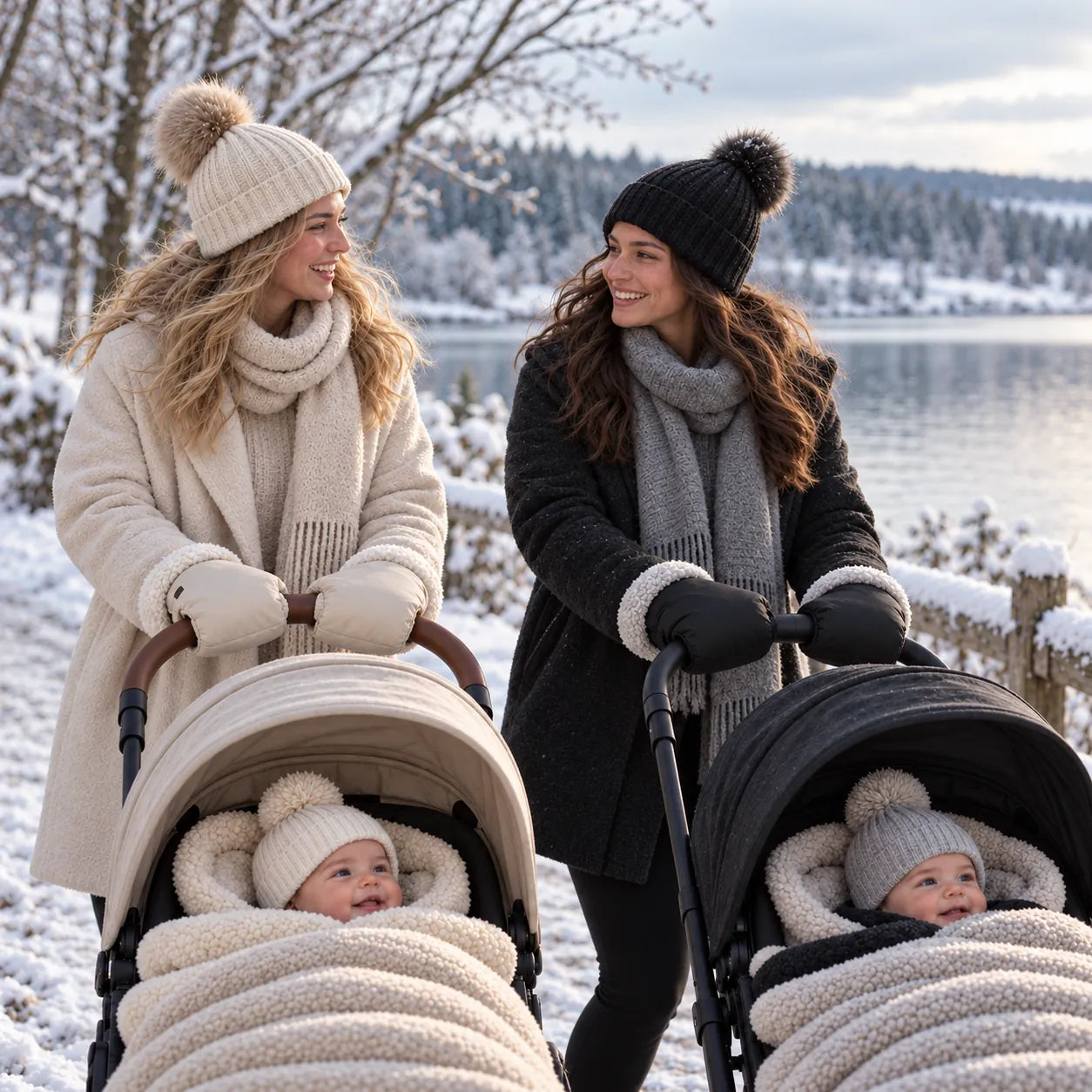 Två mammor går med varsin barnvagn längs en snöig sjö – den ena med beige, den andra med svarta Lovelle Cosy barnvagnshandskar
